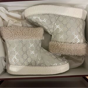 Gucci Monogram Metallic Ivory Shearling-Trim Suede Boots